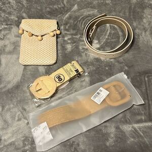 3 Cream Belts with Small Straw Crossbody Purse